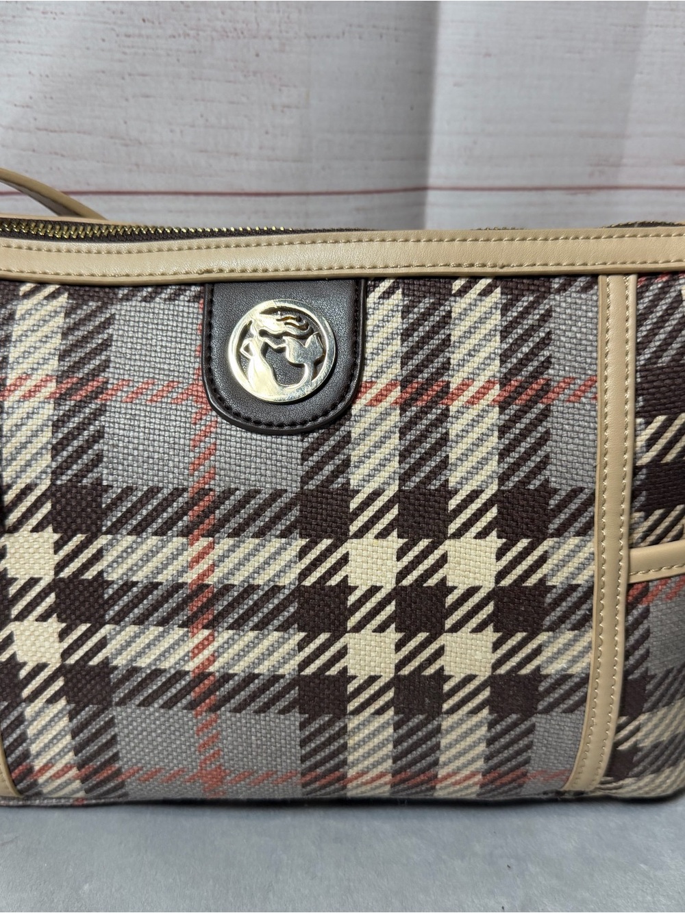 Spartina 449 Plaid Shoulder Bag in Brown, Cream and Gray with Red Accent
